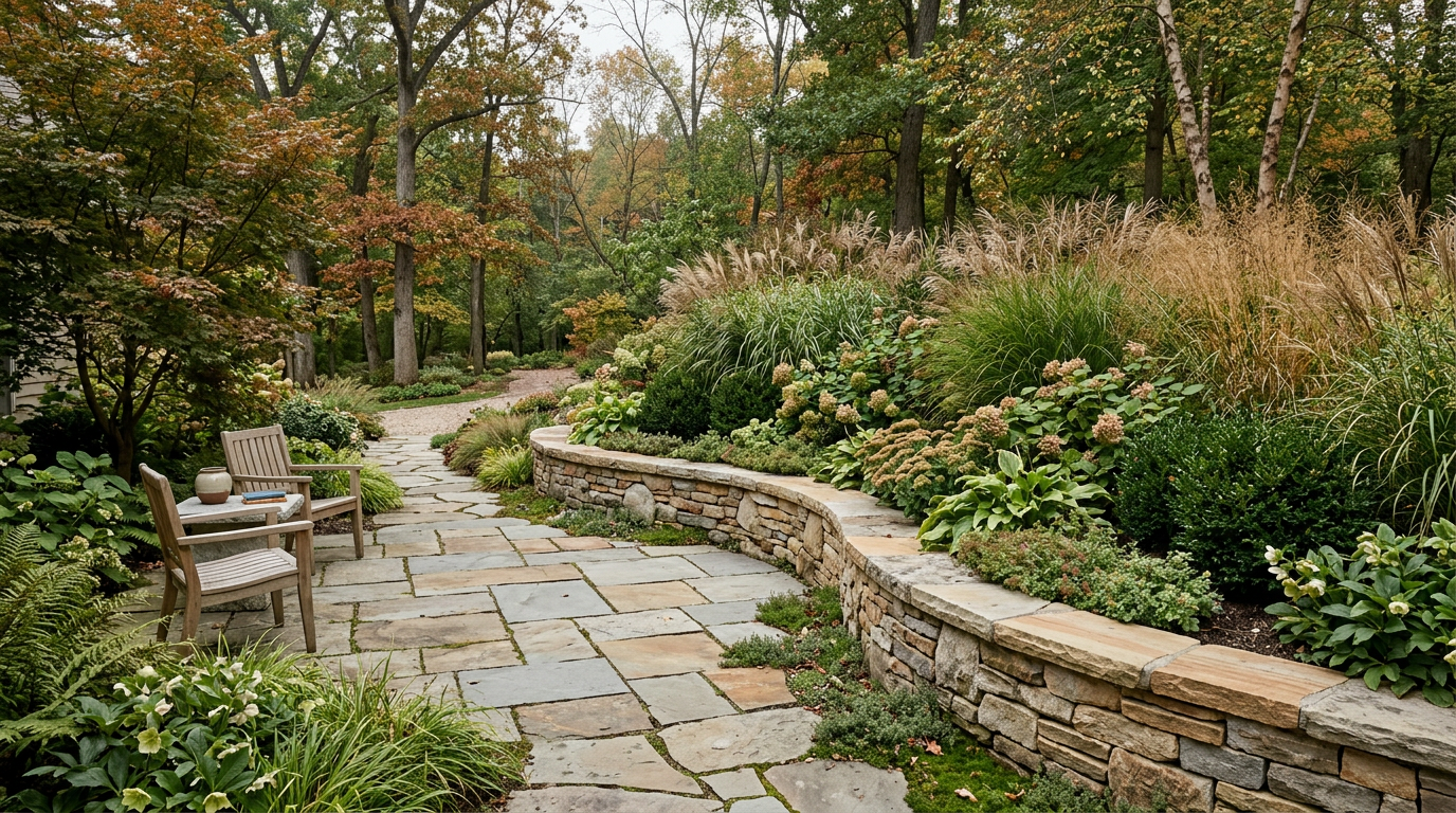 Natural stone patio and retaining wall framed by garden planting