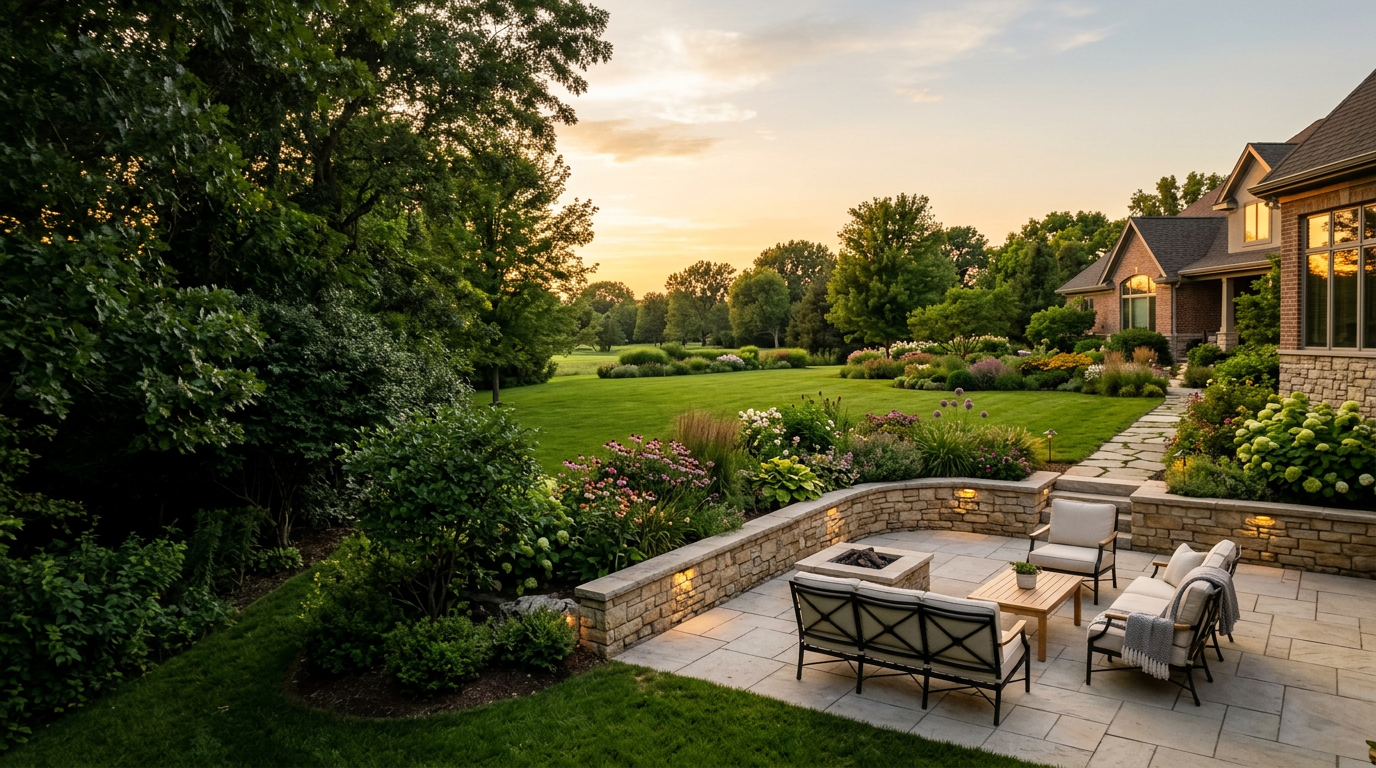 Warmly lit stone patio and layered garden at a residential home