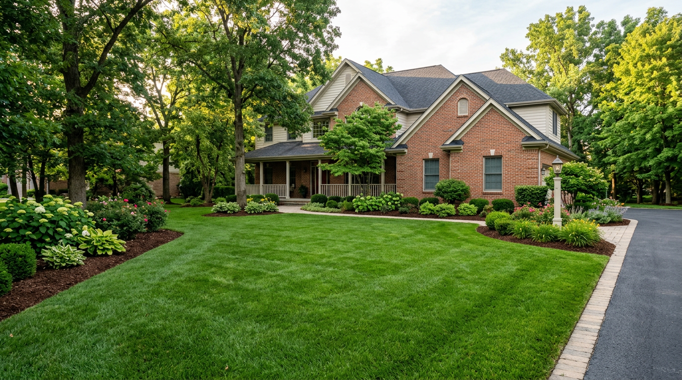 Crisp green lawn with mature trees and landscaped garden beds
